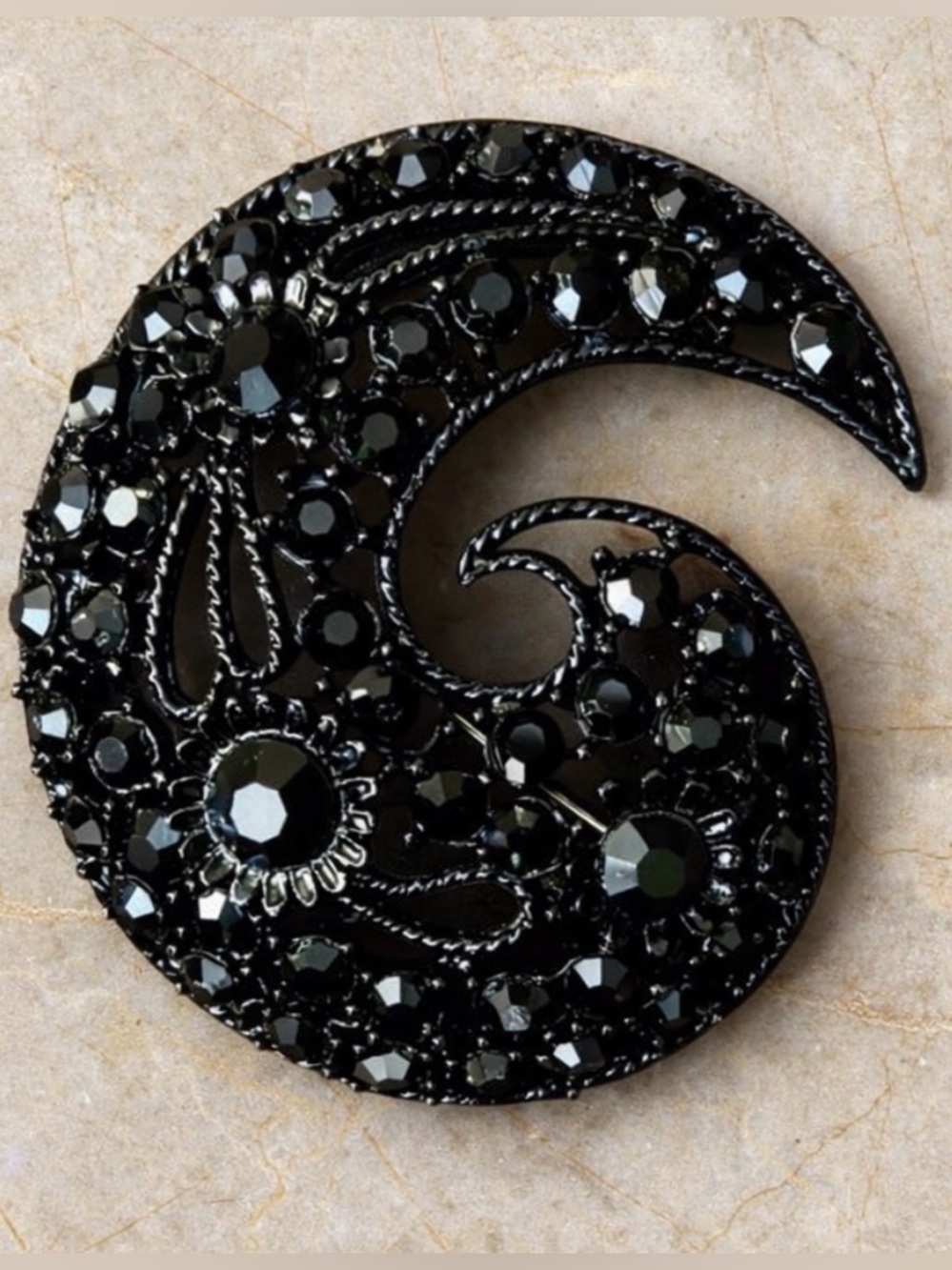 Vintage Paisley Black Rhinestone and Metal Brooch
